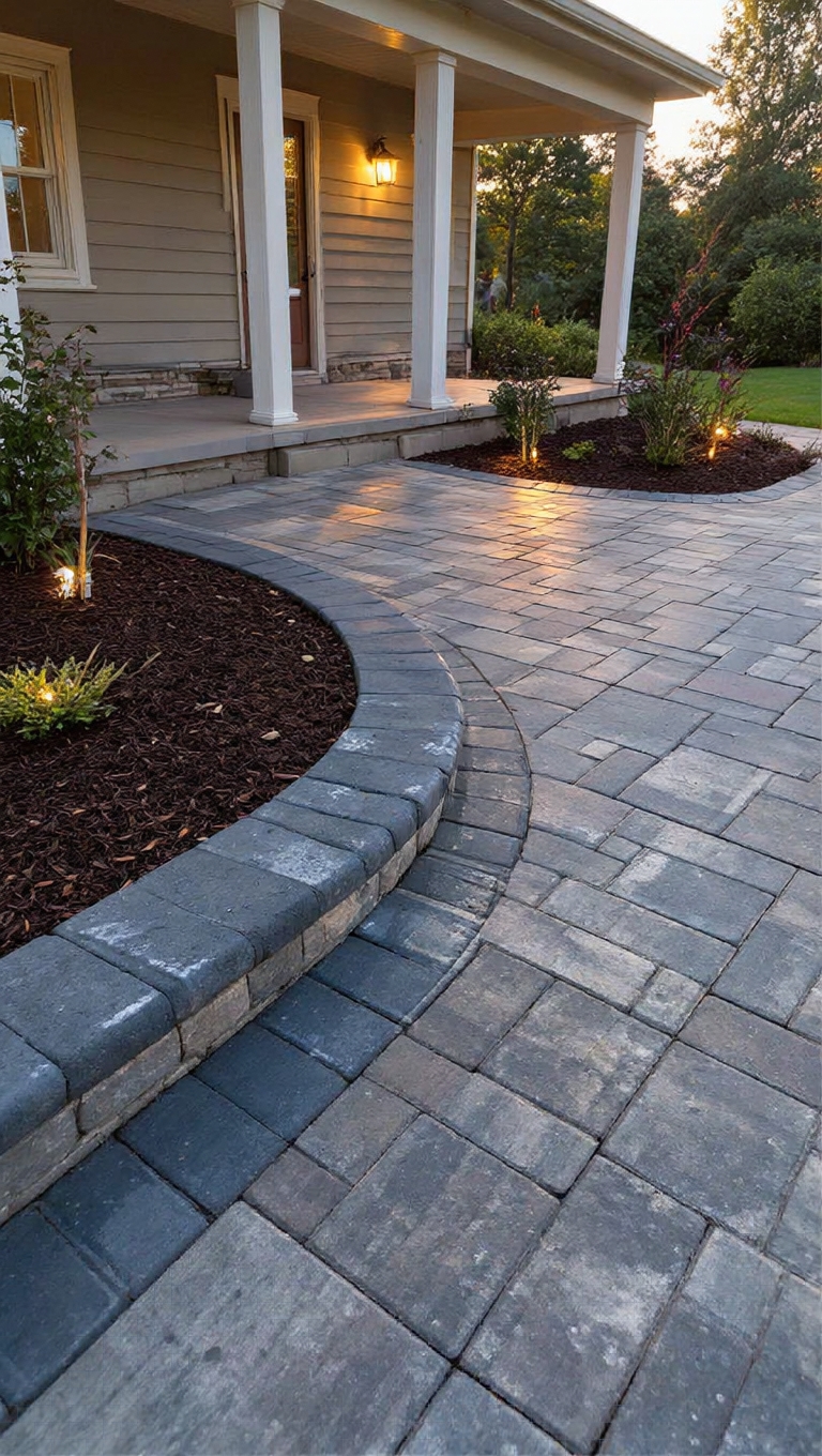Curved paver walkway with planting beds and landscape lighting